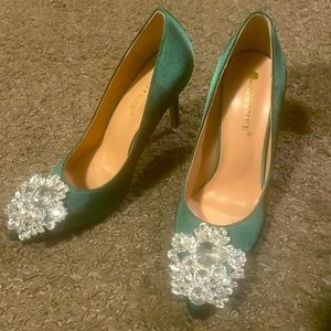 Green satin rhinestone heels